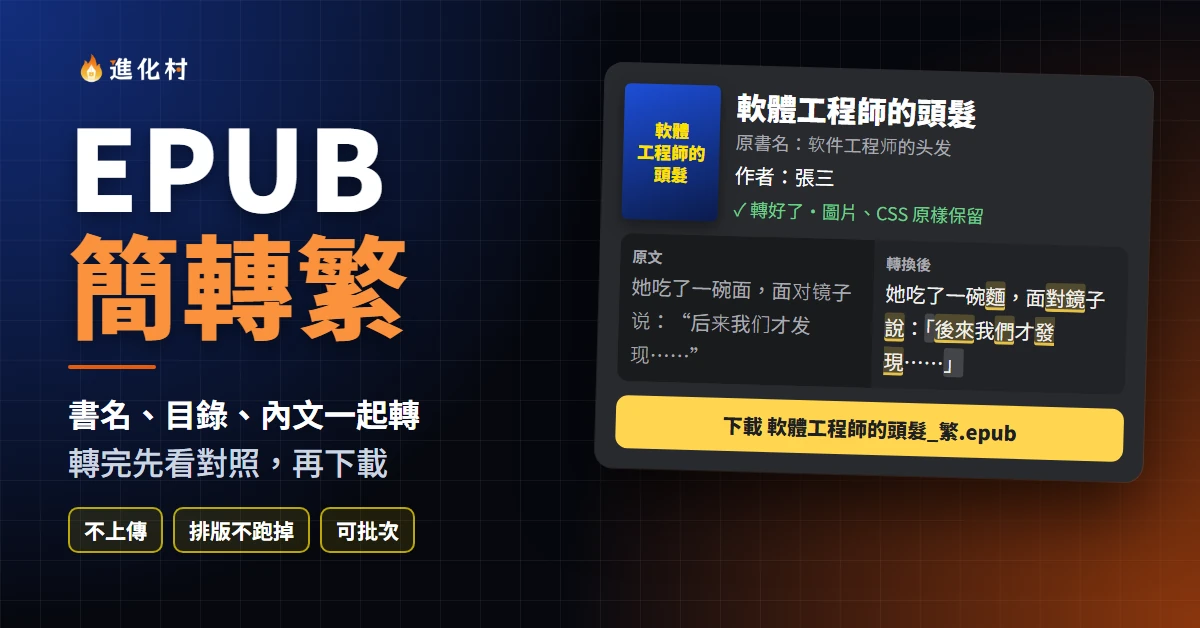 Kobo電子書閱讀器如何螢幕截圖、匯出註記?28 個隱藏功能解密 94 左邊寫著「EPUB 簡轉繁」,右邊是轉好的一本書:繁體書名和作者、原文和轉換後的段落對照,下面一顆黃色的下載按鈕