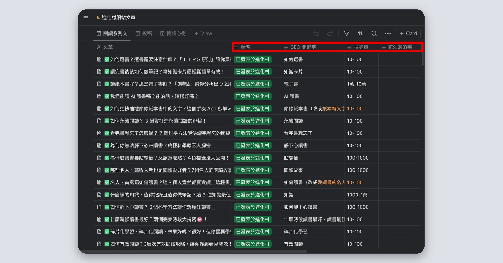 Heptabase介紹|最完整的 Heptabase 教學,61 種功能一次看(2026) 57 網站文章的 Tag 表格,紅框標出自訂的屬性欄位