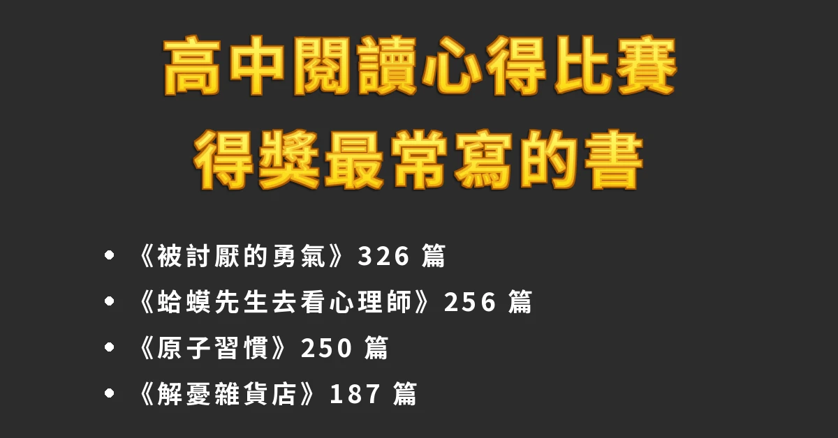 適合寫閱讀心得的書有哪些?15 本書單大公開,附國高中生選書(2026) 13 高中閱讀心得比賽得獎最常寫的書:《被討厭的勇氣》326 篇、《蛤蟆先生去看心理師》256 篇、《原子習慣》250 篇、《解憂雜貨店》187 篇